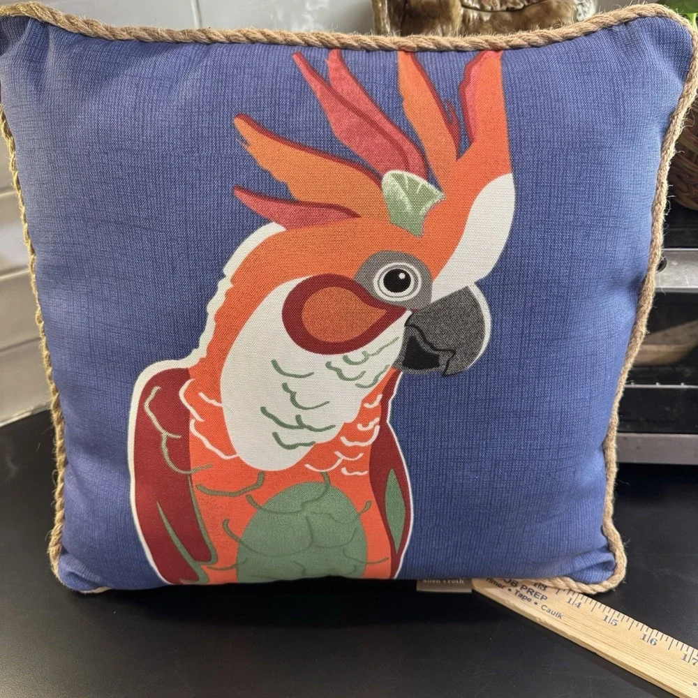 Parrot Outdoor Pillow by Allen & Roth 16x16 Blue with Rope Trim Tropical Bird